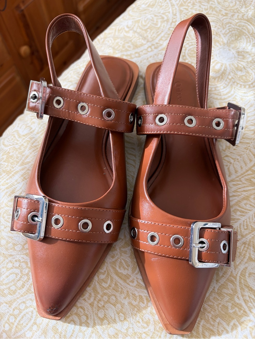Quince Italian Leather Pointed Toe Slingback Buckle Flats in Cognac - Size 9